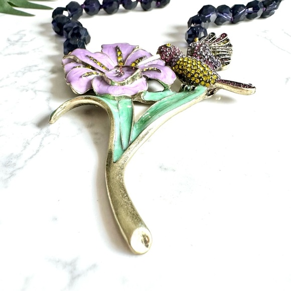 Hummingbird Colorful Rhinestone Enamel Necklace Purple Bead Large Flower NEW - Picture 2 of 15